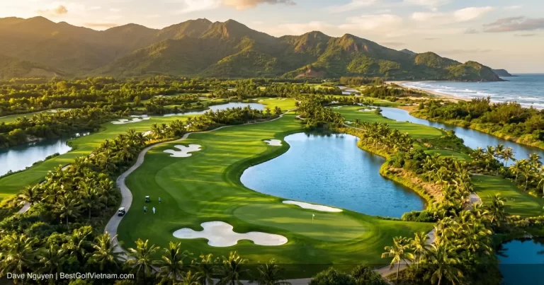 Collage of best golf courses in Vietnam showing links and mountain layouts
