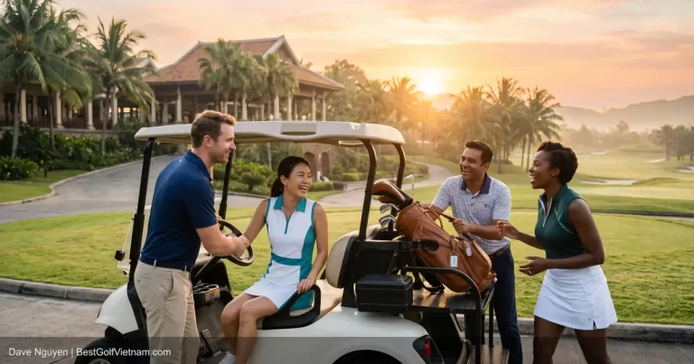 Best golf packages Vietnam golfer walking into luxury clubhouse