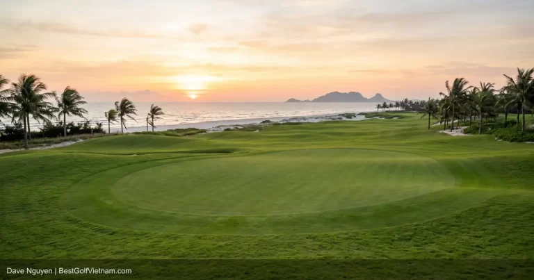 Da Nang golf course fairway with Dragon Bridge and coastal skyline