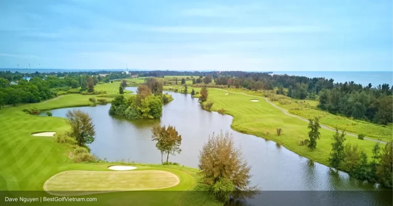Dai Lai Star Golf and Country Club lakeside fairway with mountain reflection Vinh Phuc Vietnam