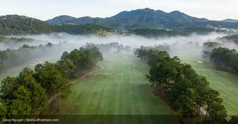 Dalat Palace Golf Club colonial clubhouse with mountain pine trees
