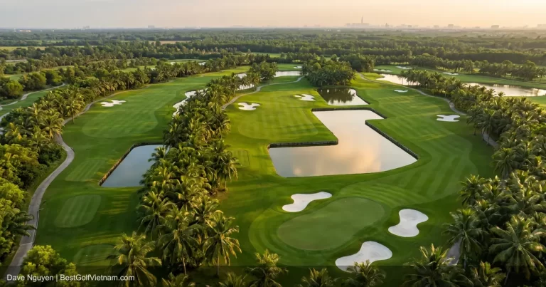 Golf courses near HCMC with Ho Chi Minh City skyline behind fairway