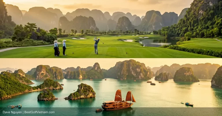 Golf and Halong Bay cruise combo split golfer swing and cruise ship