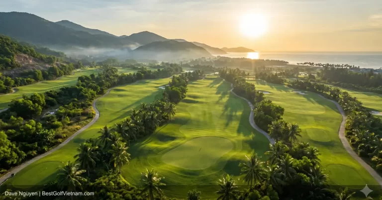 Golfer teeing off on Vietnam championship course with ocean view