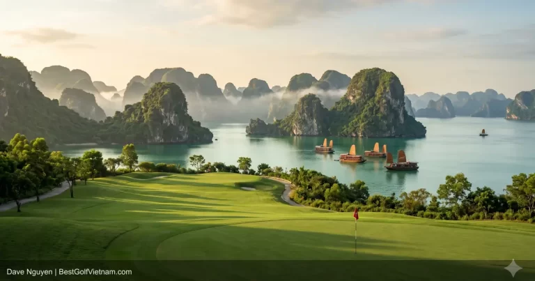 Golf near Halong Bay course with limestone karsts and ocean view