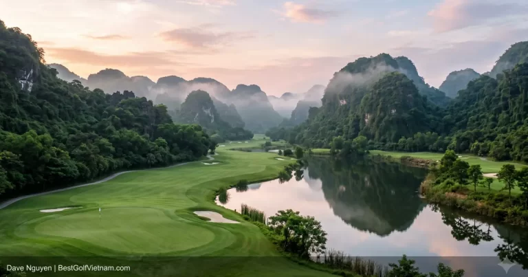 Hanoi golf course with autumn foliage and misty mountain backdrop