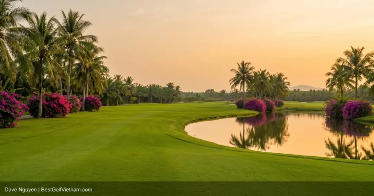 Ho Chi Minh City golf course with tropical palms and city skyline