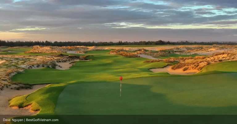 Hoiana Shores Golf Club links fairway with white sand and ocean Hoi An Vietnam