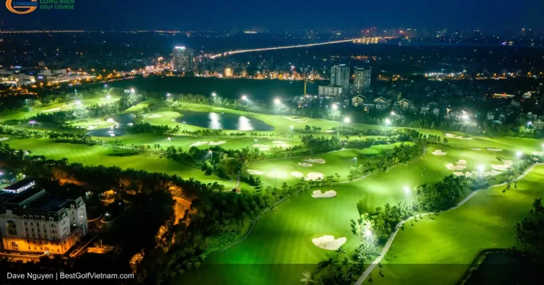 Long Bien Golf Club fairway with Hanoi cityscape in background Vietnam