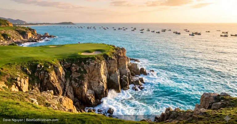 Nha Trang golf course overlooking bay with island cable car