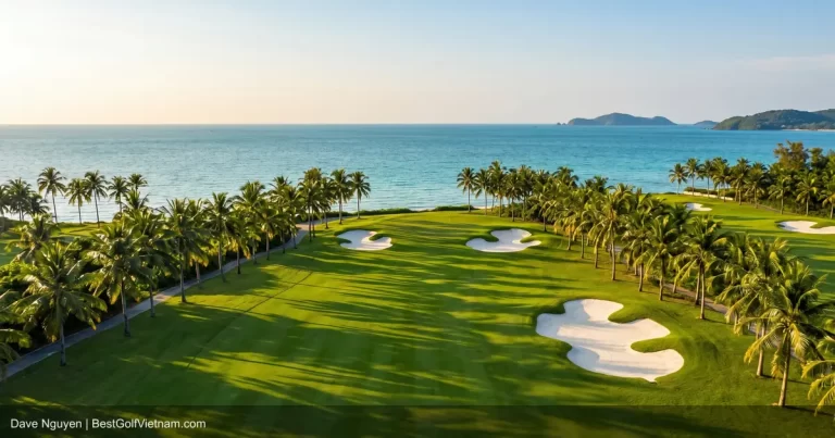 Phu Quoc island golf course with beach and resort in background