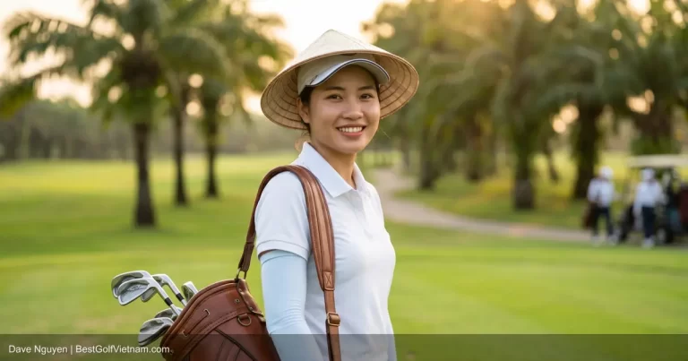 Vietnamese golf caddie smiling on green holding flag pin