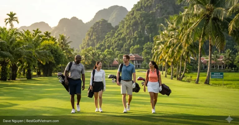 Vietnam golf packages with golf bag passport and Vietnam map flatlay
