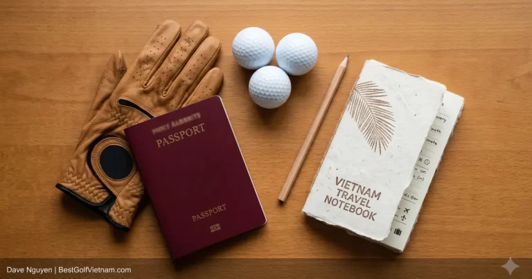 Vietnam golf visa guide with passport golf ball and e-visa screen
